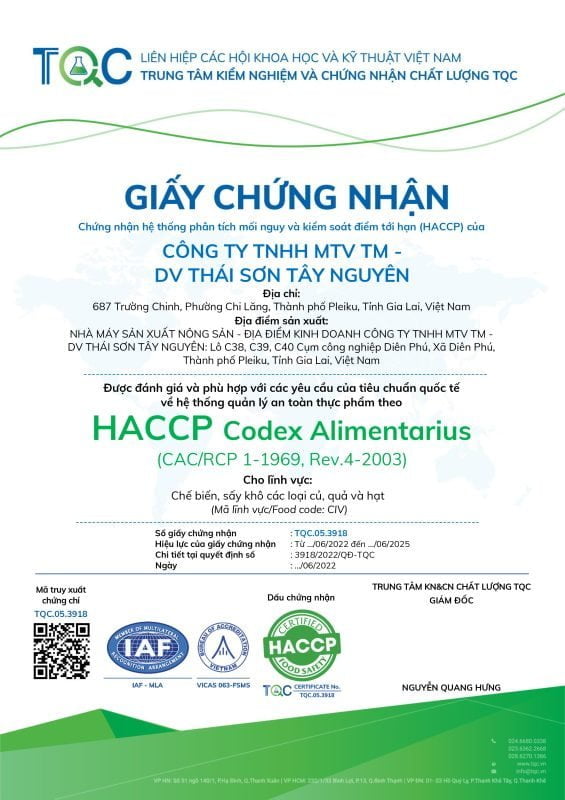 Thai Son 해바라기씨에 대한 HACCP 인증