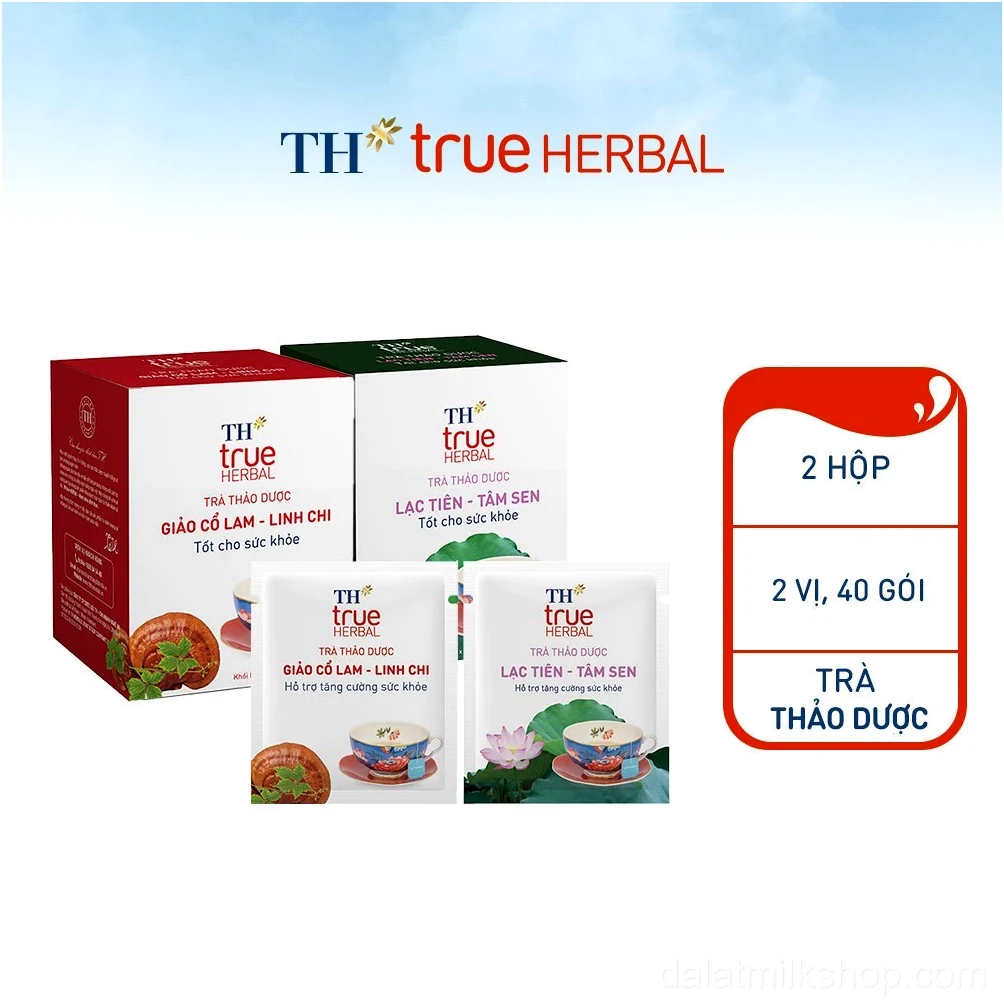 Bộ 2 hộp trà thảo dược TH true HERBAL Giảo cổ lam – Linh chi Trà Lạc tiên – Tâm sen (40 gói)