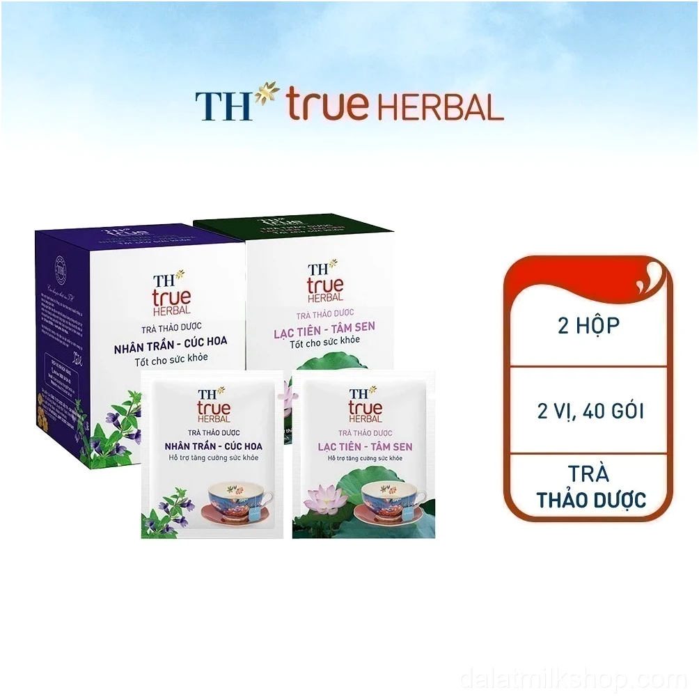 Bộ 2 hộp trà thảo dược TH true HERBAL Nhân trần – Cúc hoa Trà Lạc tiên – Tâm sen (40 gói)