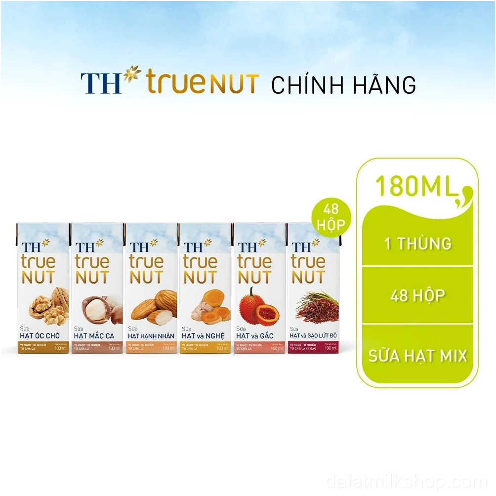 Combo mix 12 lốc sữa hạt óc chó mắc ca hạnh nhân gạo lứt đỏ nghệ gấc TH true NUT (180ml x 48 hộp)