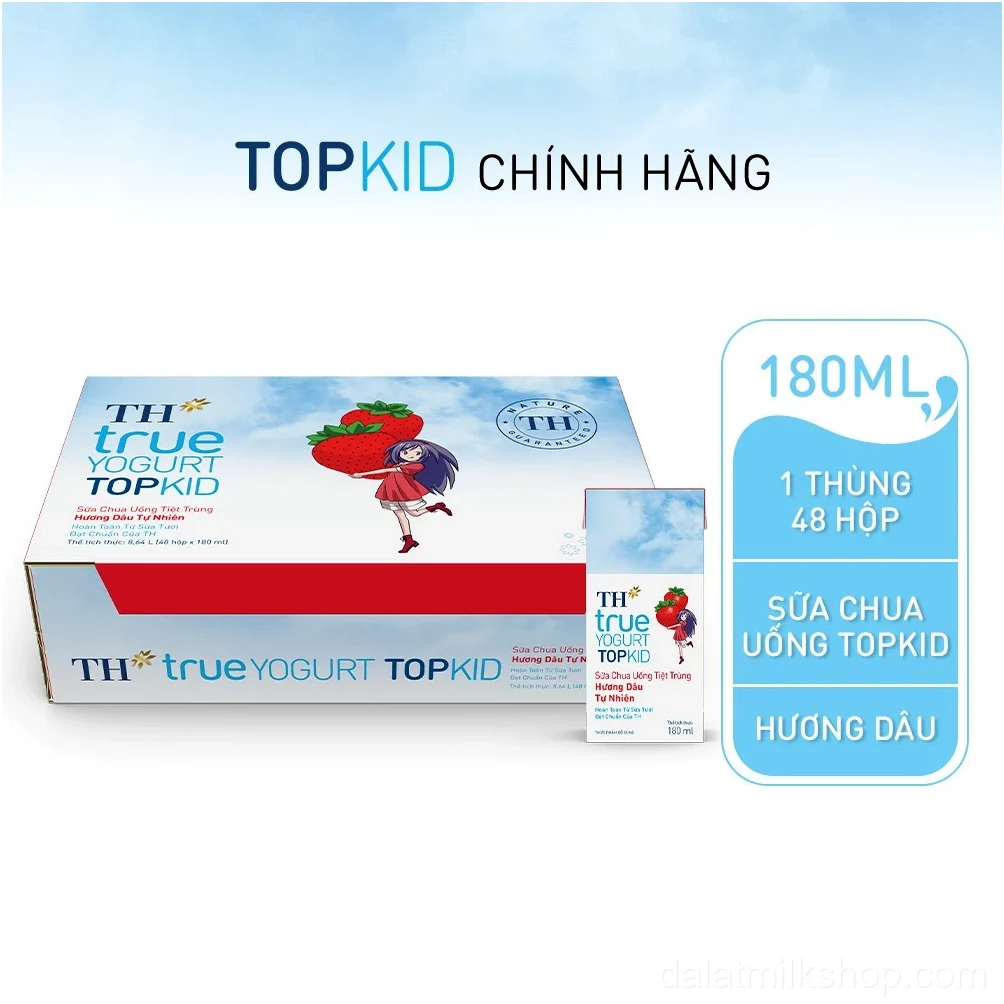 Thùng 48 hộp sữa chua uống tiệt trùng TH true YOGURT TOPKID hương dâu tự nhiên 180 ml (180 ml x 48)