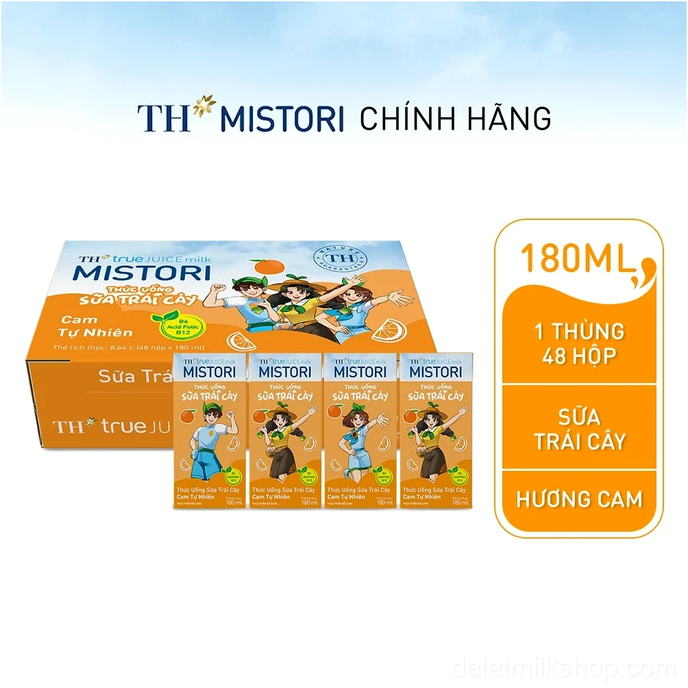 Thùng 48 hộp Sữa trái cây Cam tự nhiên TH true JUICE MISTORI 180ml