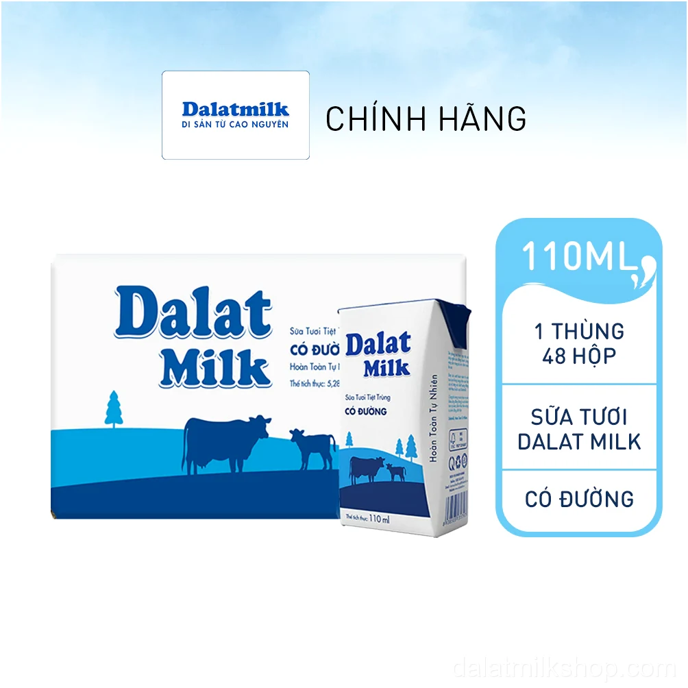Thùng 48 hộp sữa tươi tiệt trùng Dalatmilk có đường 110 ml (110 ml x 48)