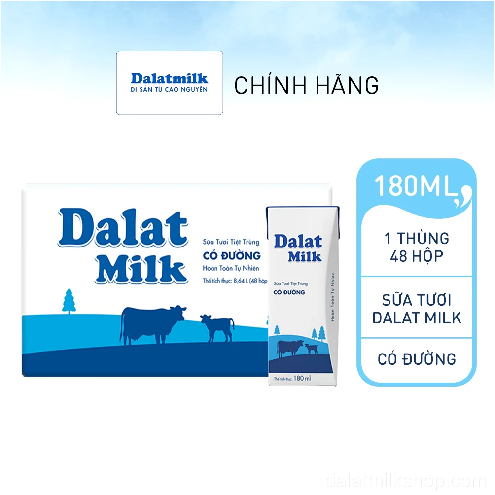 Thùng 48 hộp sữa tươi tiệt trùng Dalatmilk có đường 180 ml (180 ml x 48)