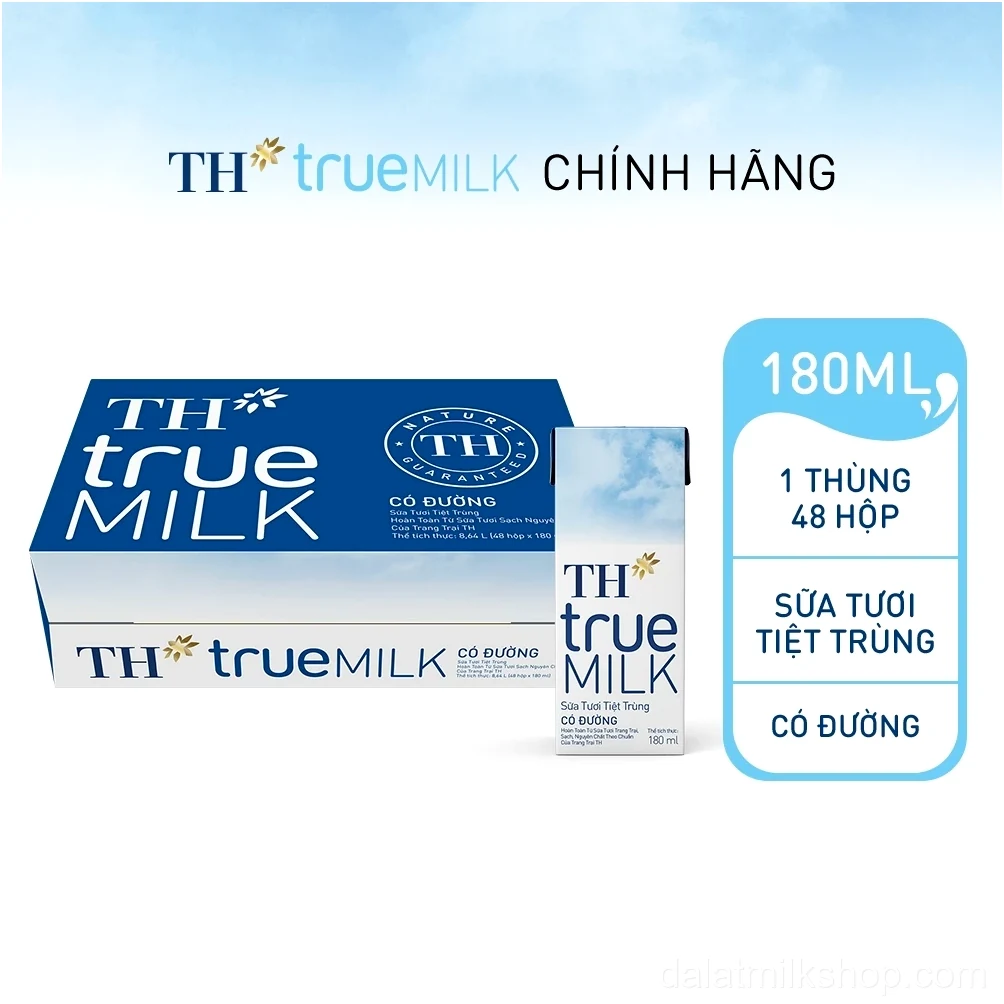 Thùng 48 hộp sữa tươi tiệt trùng TH true MILK có đường 180 ml (180 ml x 48)