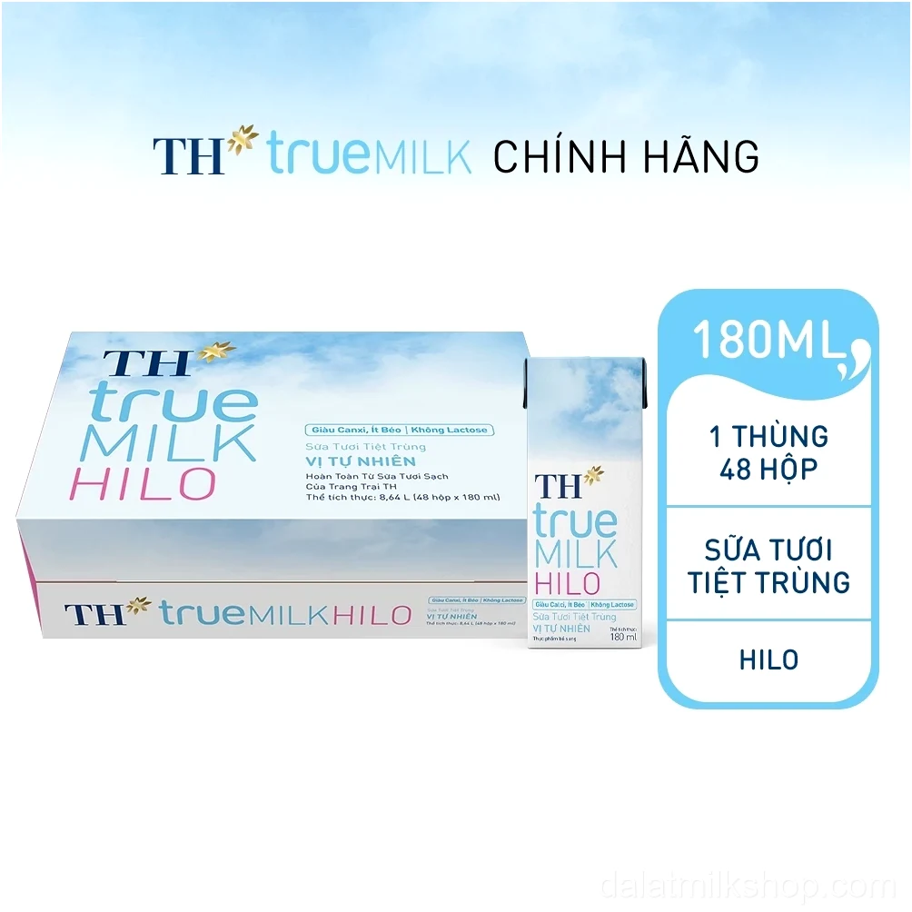 Thùng 48 hộp sữa tươi tiệt trùng TH true MILK HILO vị tự nhiên 180 ml (180 ml x 48)