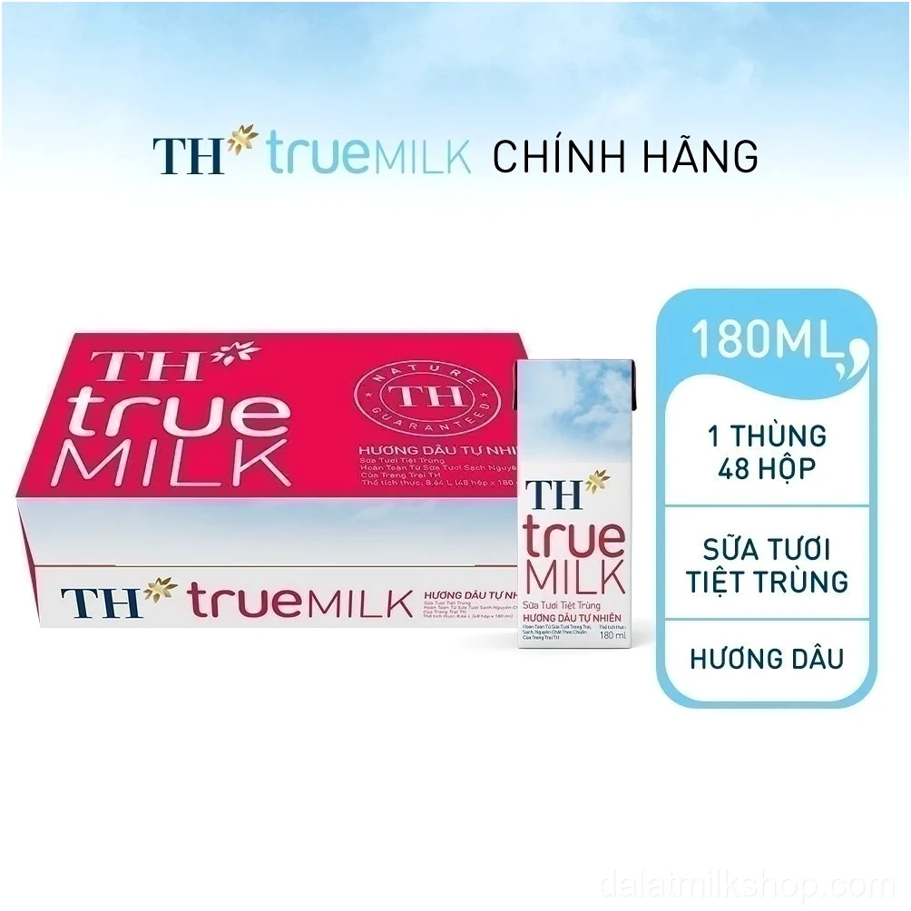 Thùng 48 hộp sữa tươi tiệt trùng TH true MILK hương dâu tự nhiên 180 ml (180 ml x 48)