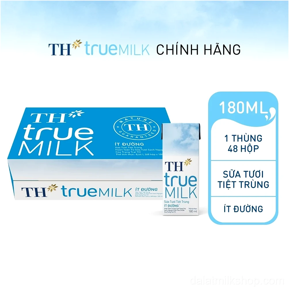 Thùng 48 hộp sữa tươi tiệt trùng TH true MILK ít đường 180 ml (180 ml x 48)