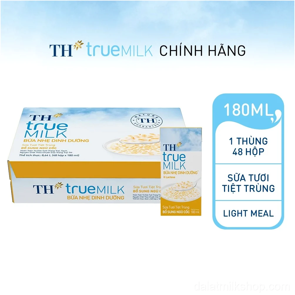 Thùng 48 hộp sữa tươi tiệt trùng TH true MILK Light Meal bổ sung ngũ cốc 180ml