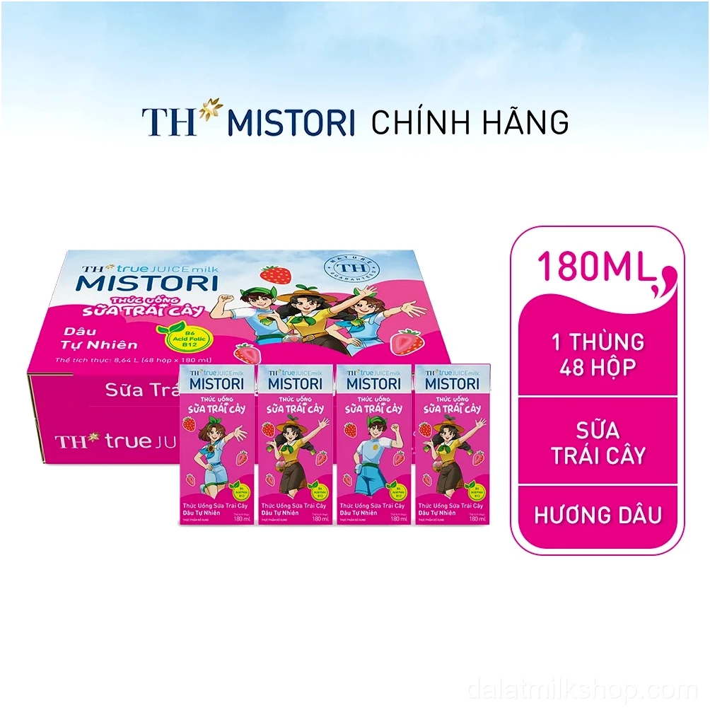 Thùng 48 hộp thức uống Sữa trái cây Dâu tự nhiên TH true JUICE milk MISTORI 180ml (180ml x 48)