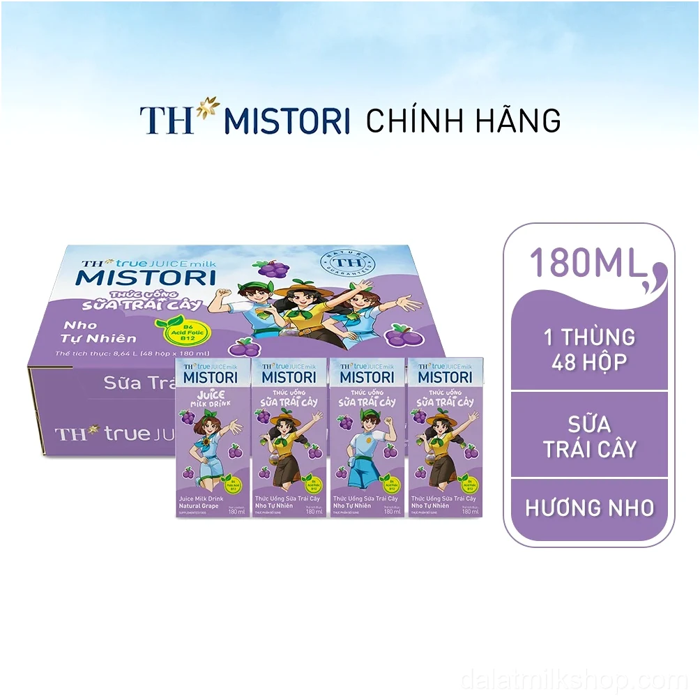 Thùng 48 hộp thức uống Sữa trái cây Nho tự nhiên TH true JUICE milk MISTORI 180ml (180ml x 48)
