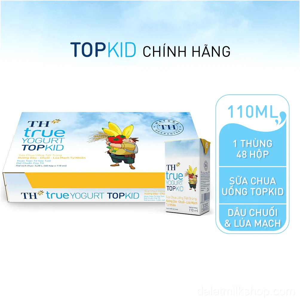Thùng sữa chua uống tiệt trùng TH TOPKID hương dâu chuối lúa mạch tự nhiên 110ml x 48 hộp