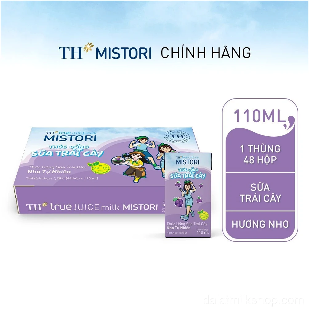 Thùng Thức uống Sữa trái cây TH true JUICE milk MISTORI Nho tự nhiên 110 ml x 48 Hộp